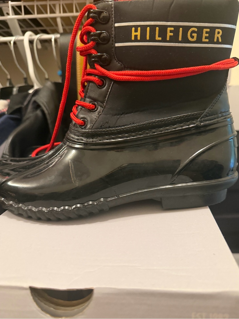 IMAN Black Rain & Snow Duck Boots with Red Laces